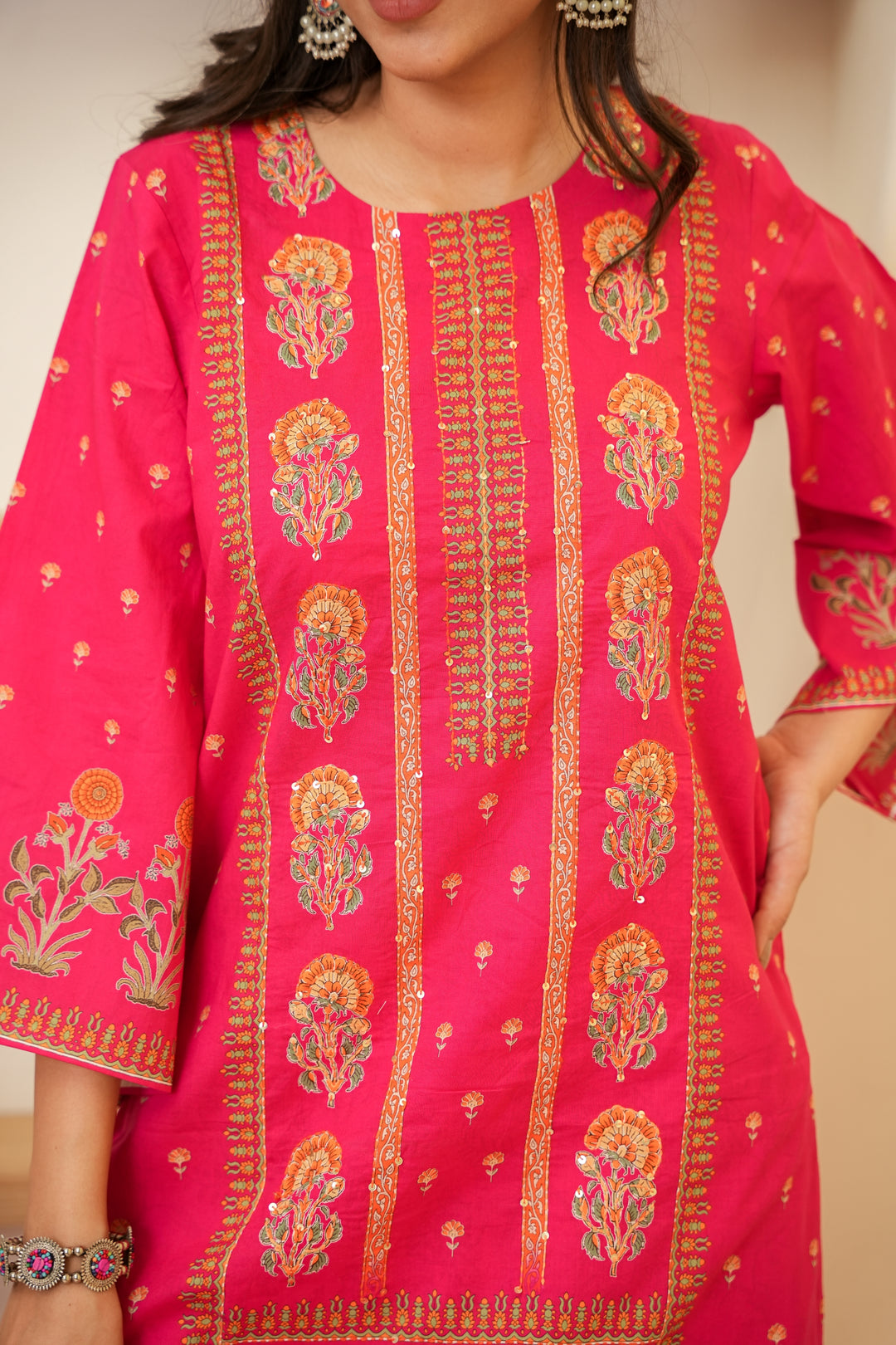 PRINTED COTTON KURTA & PANT PAIRED WITH A DUPATTA - HAND EMBROIDERED - SET OF 3 - RANI PINK