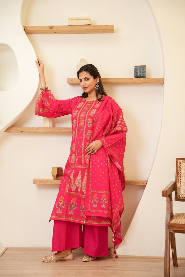 PRINTED COTTON KURTA & PANT PAIRED WITH A DUPATTA - HAND EMBROIDERED - SET OF 3 - RANI PINK