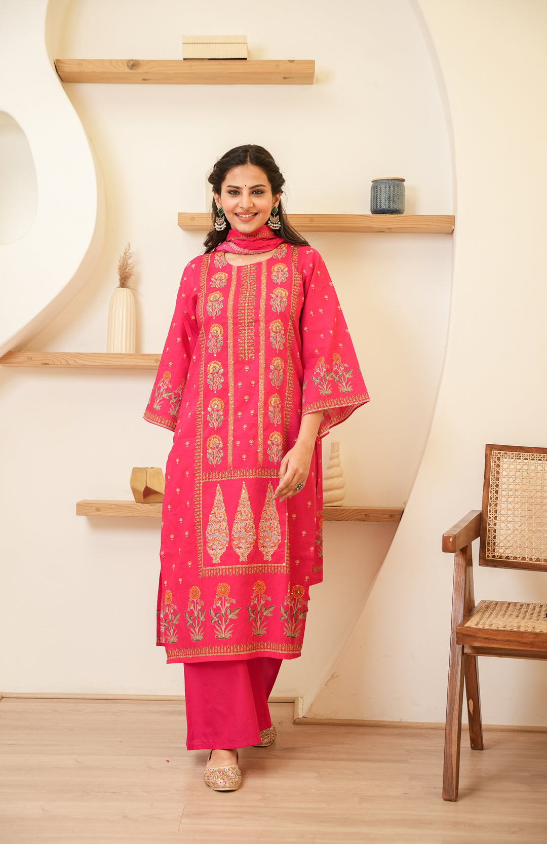 PRINTED COTTON KURTA & PANT PAIRED WITH A DUPATTA - HAND EMBROIDERED - SET OF 3 - RANI PINK