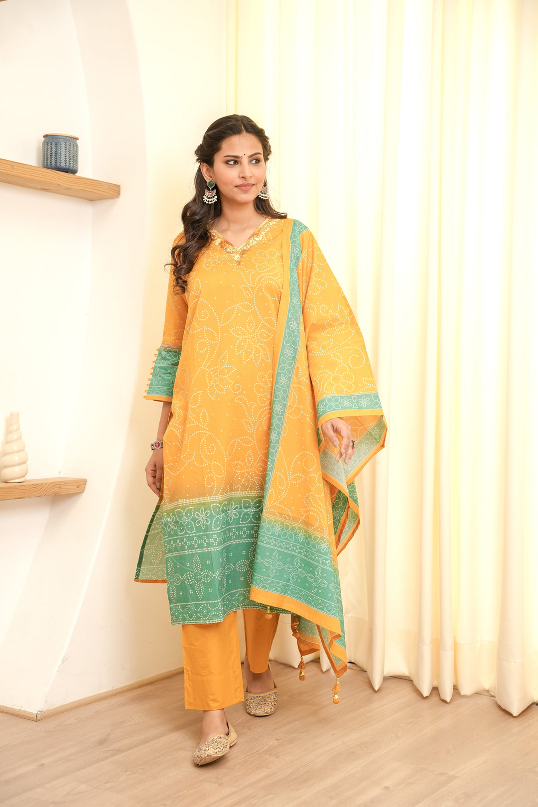 PRINTED COTTON KURTA & PANT PAIRED WITH A DUPATTA - HAND EMBROIDERED - SET OF 3 - MUSTARD YELLOW