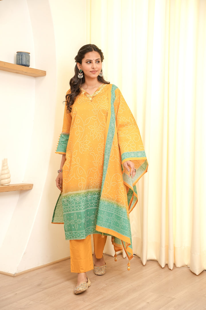 PRINTED COTTON KURTA & PANT PAIRED WITH A DUPATTA - HAND EMBROIDERED - SET OF 3 - MUSTARD YELLOW