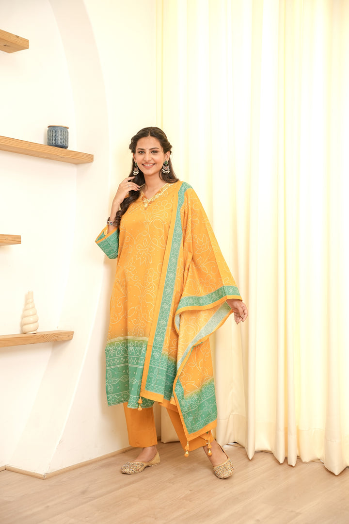 PRINTED COTTON KURTA & PANT PAIRED WITH A DUPATTA - HAND EMBROIDERED - SET OF 3 - MUSTARD YELLOW