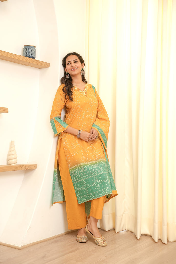 PRINTED COTTON KURTA & PANT PAIRED WITH A DUPATTA - HAND EMBROIDERED - SET OF 3 - MUSTARD YELLOW