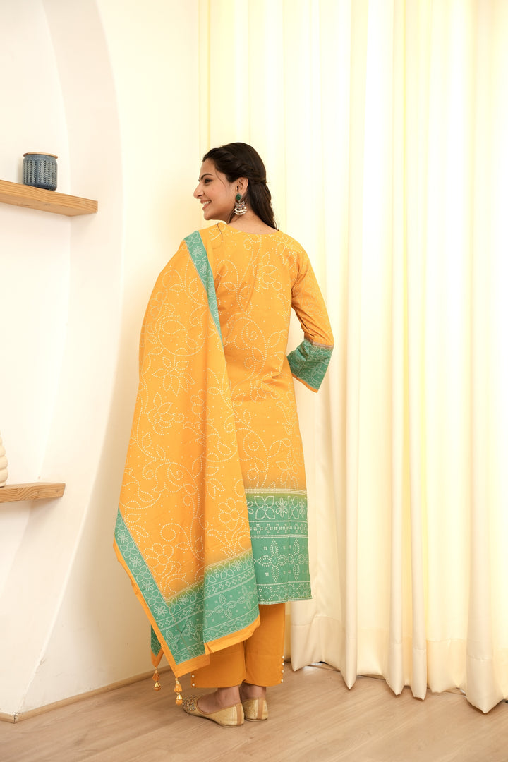 PRINTED COTTON KURTA & PANT PAIRED WITH A DUPATTA - HAND EMBROIDERED - SET OF 3 - MUSTARD YELLOW