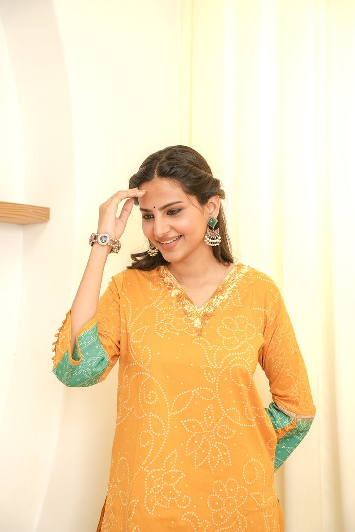 PRINTED COTTON KURTA & PANT PAIRED WITH A DUPATTA - HAND EMBROIDERED - SET OF 3 - MUSTARD YELLOW