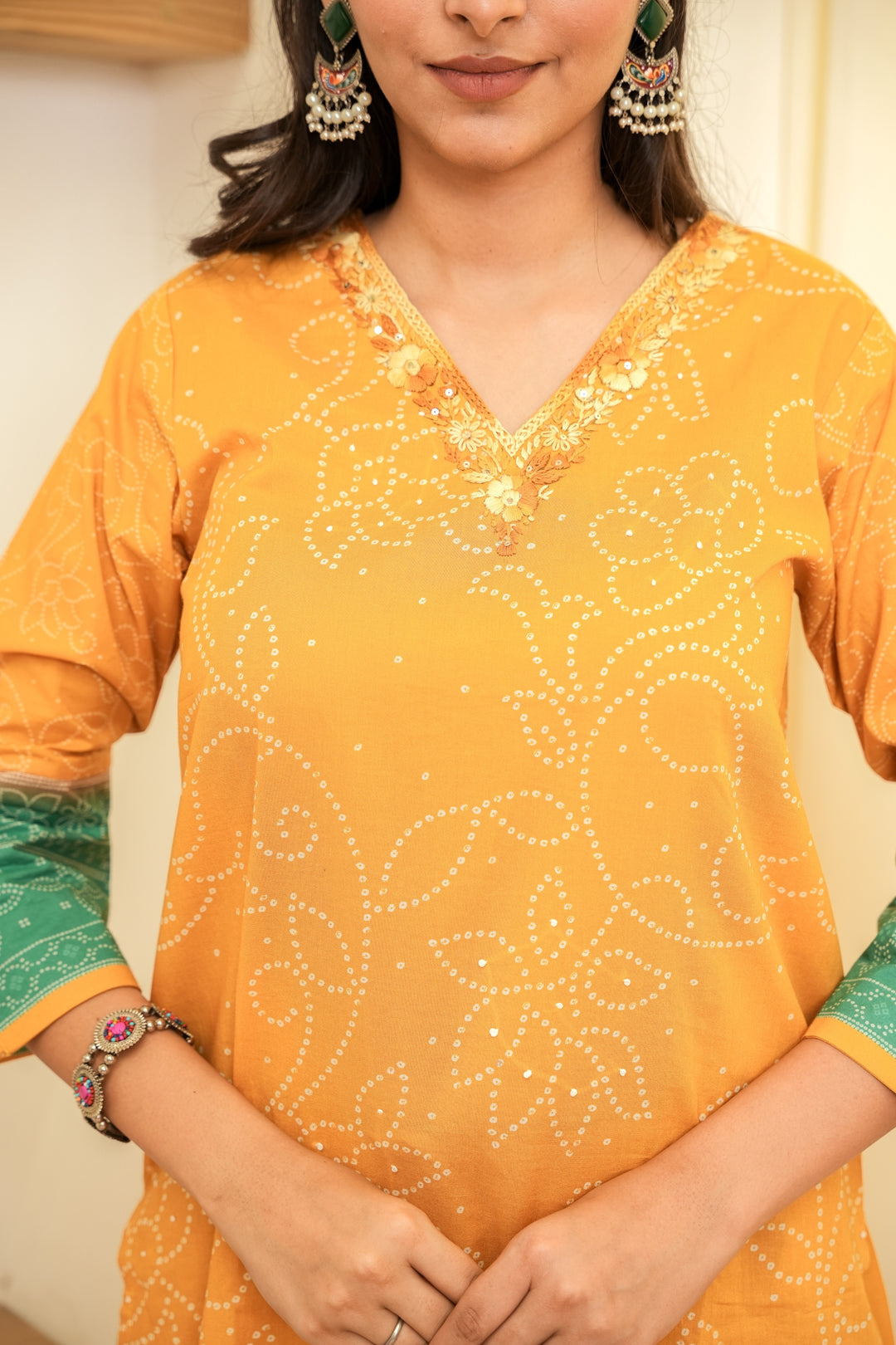 PRINTED COTTON KURTA & PANT PAIRED WITH A DUPATTA - HAND EMBROIDERED - SET OF 3 - MUSTARD YELLOW