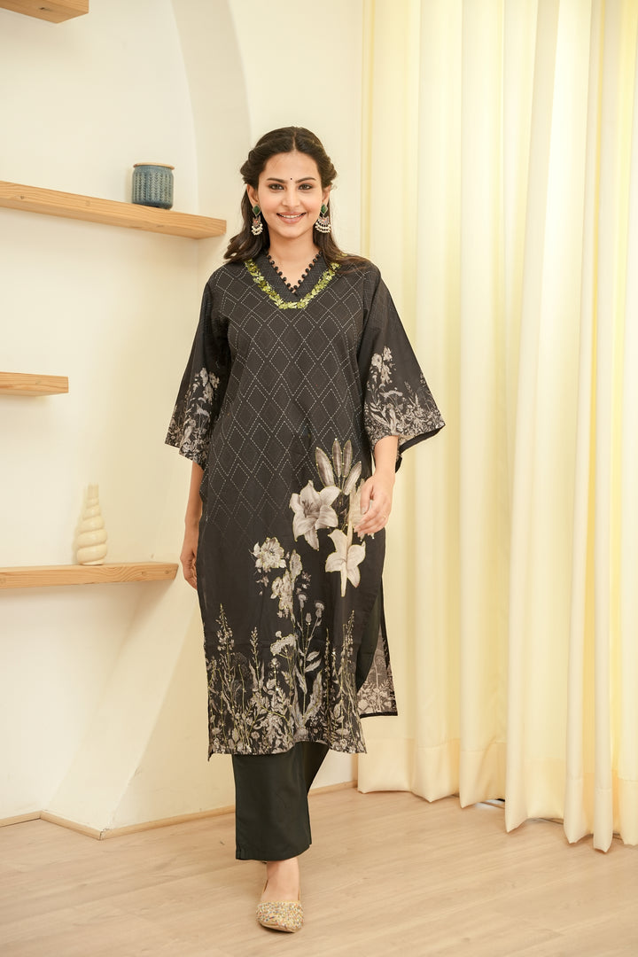 FLORAL PRINTED COTTON KURTA & PANT - HAND EMBROIDERED - SET OF 2 - BLACK