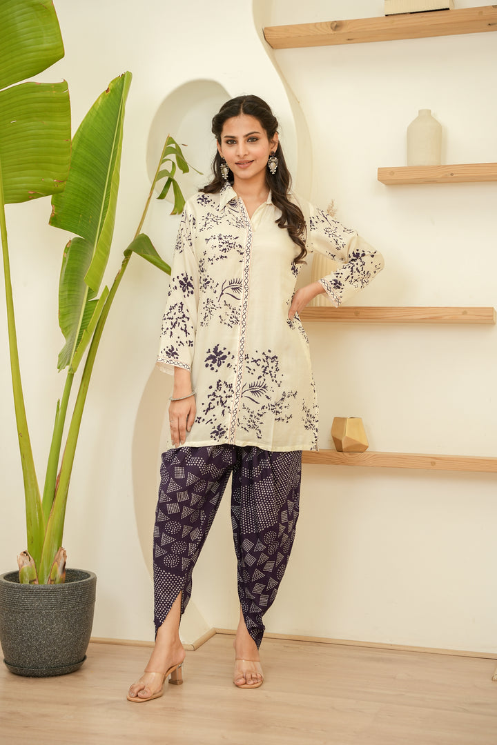 PRINTED MUSLIN CO-ORD SET - OFF WHITE & DARK BLUE