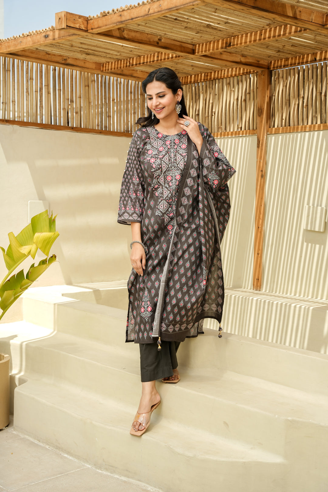 PRINTED COTTON KURTA & PANT PAIRED WITH A DUPATTA - HAND EMBROIDERED - SET OF 3 - GREY