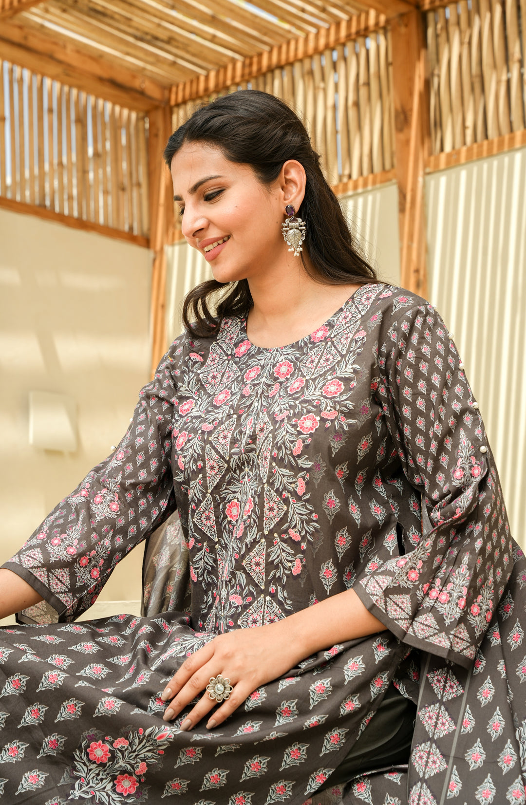 PRINTED COTTON KURTA & PANT PAIRED WITH A DUPATTA - HAND EMBROIDERED - SET OF 3 - GREY