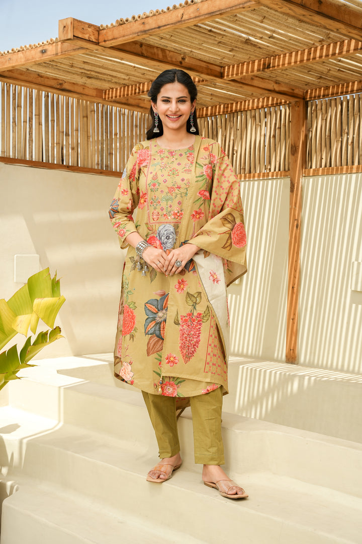 PRINTED COTTON KURTA & PANT PAIRED WITH A DUPATTA - HAND EMBROIDERED - SET OF 3 - MEHENDI GREEN