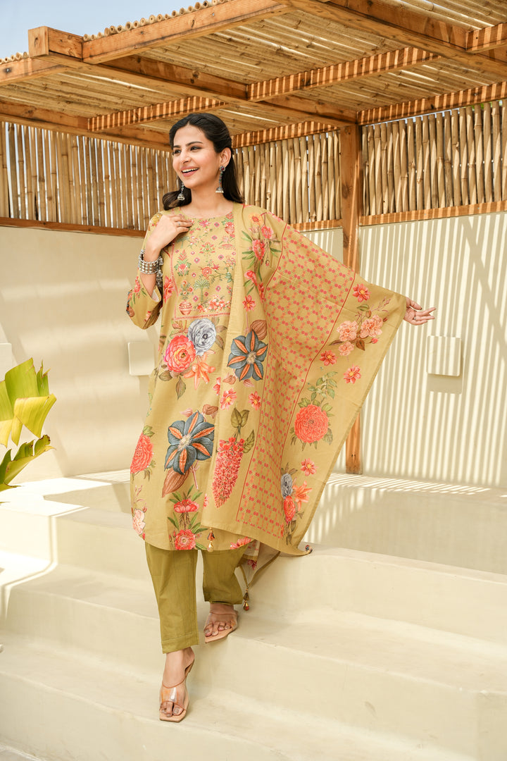 PRINTED COTTON KURTA & PANT PAIRED WITH A DUPATTA - HAND EMBROIDERED - SET OF 3 - MEHENDI GREEN