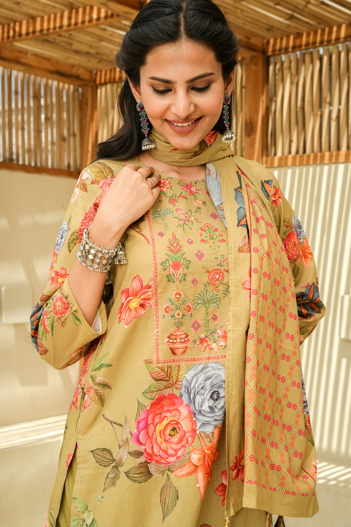 PRINTED COTTON KURTA & PANT PAIRED WITH A DUPATTA - HAND EMBROIDERED - SET OF 3 - MEHENDI GREEN