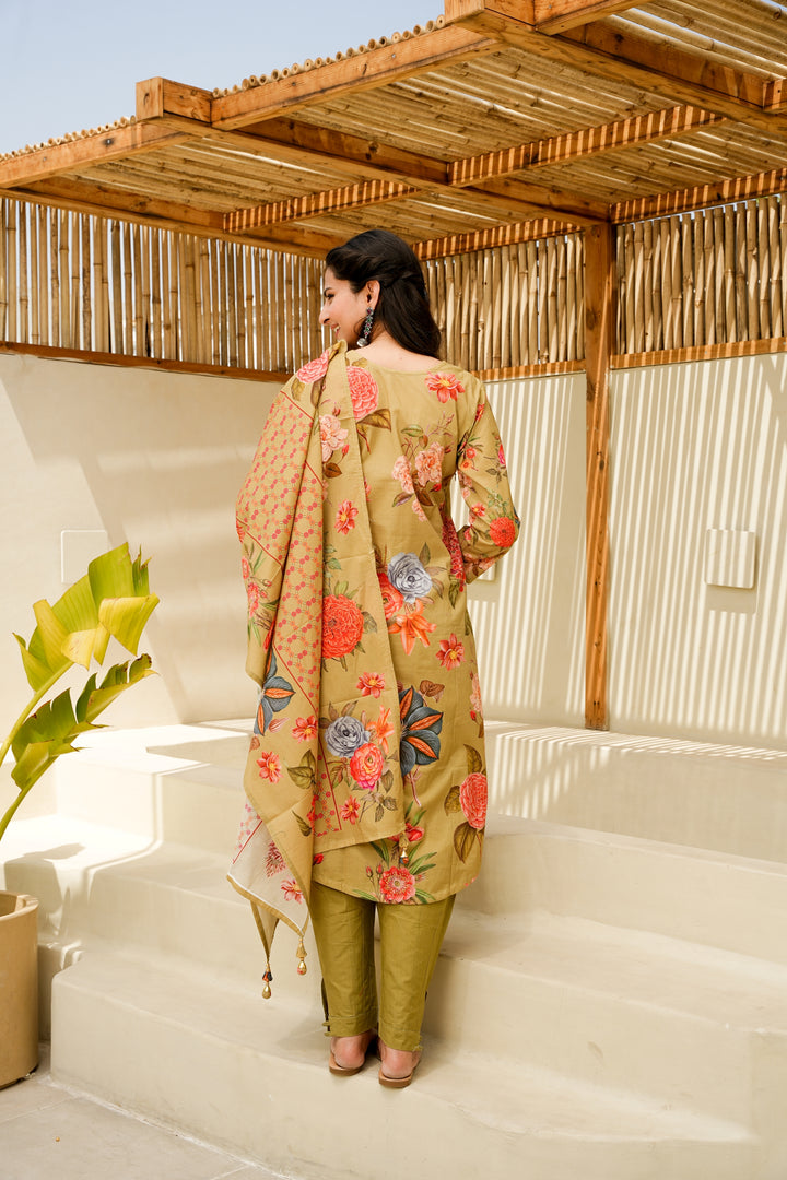 PRINTED COTTON KURTA & PANT PAIRED WITH A DUPATTA - HAND EMBROIDERED - SET OF 3 - MEHENDI GREEN