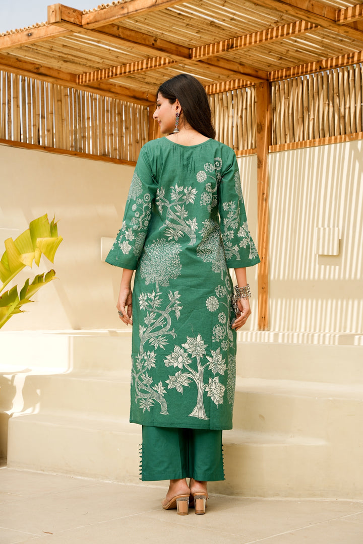 FLORAL PRINTED COTTON KURTA & PANT - HAND EMBROIDERED - SET OF 2 - GREEN