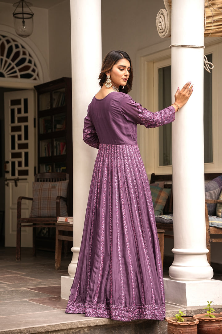 LAVENDER LONG GOWN FOR WOMEN- PAIRED WITH DUPATTA - EMBROIDERED WITH RESHAM & HANDWORK - SET OF 2