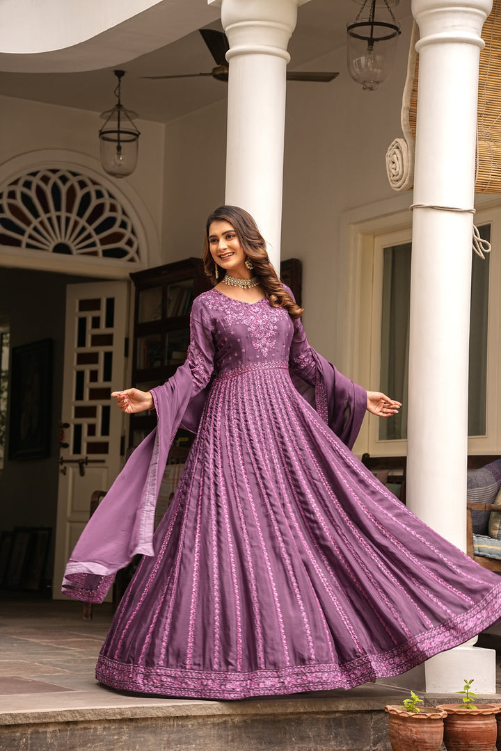 LAVENDER LONG GOWN FOR WOMEN- PAIRED WITH DUPATTA - EMBROIDERED WITH RESHAM & HANDWORK - SET OF 2