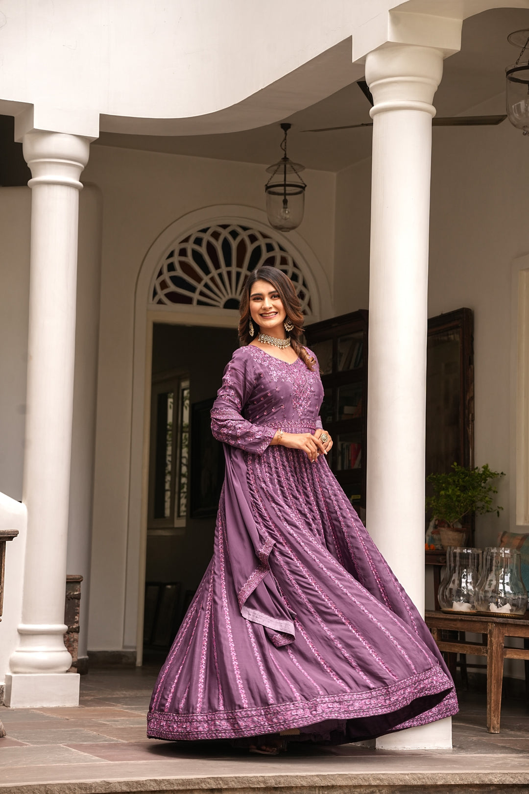 LAVENDER LONG GOWN FOR WOMEN- PAIRED WITH DUPATTA - EMBROIDERED WITH RESHAM & HANDWORK - SET OF 2