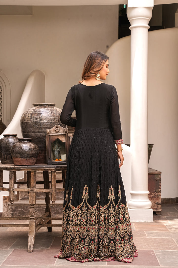 BLACK INDO-WESTERN FRONT SLIT GOWN FOR WOMEN- PAIRED WITH LEHENGA & DUPATTA - EMBROIDERED WITH RESHAM & HANDWORK - SET OF 3