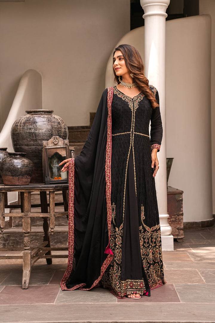 BLACK INDO-WESTERN FRONT SLIT GOWN FOR WOMEN- PAIRED WITH LEHENGA & DUPATTA - EMBROIDERED WITH RESHAM & HANDWORK - SET OF 3