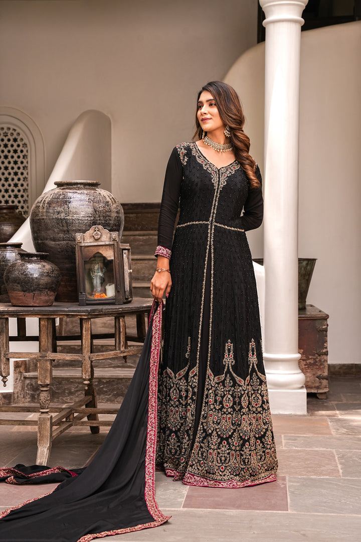 BLACK INDO-WESTERN FRONT SLIT GOWN FOR WOMEN- PAIRED WITH LEHENGA & DUPATTA - EMBROIDERED WITH RESHAM & HANDWORK - SET OF 3