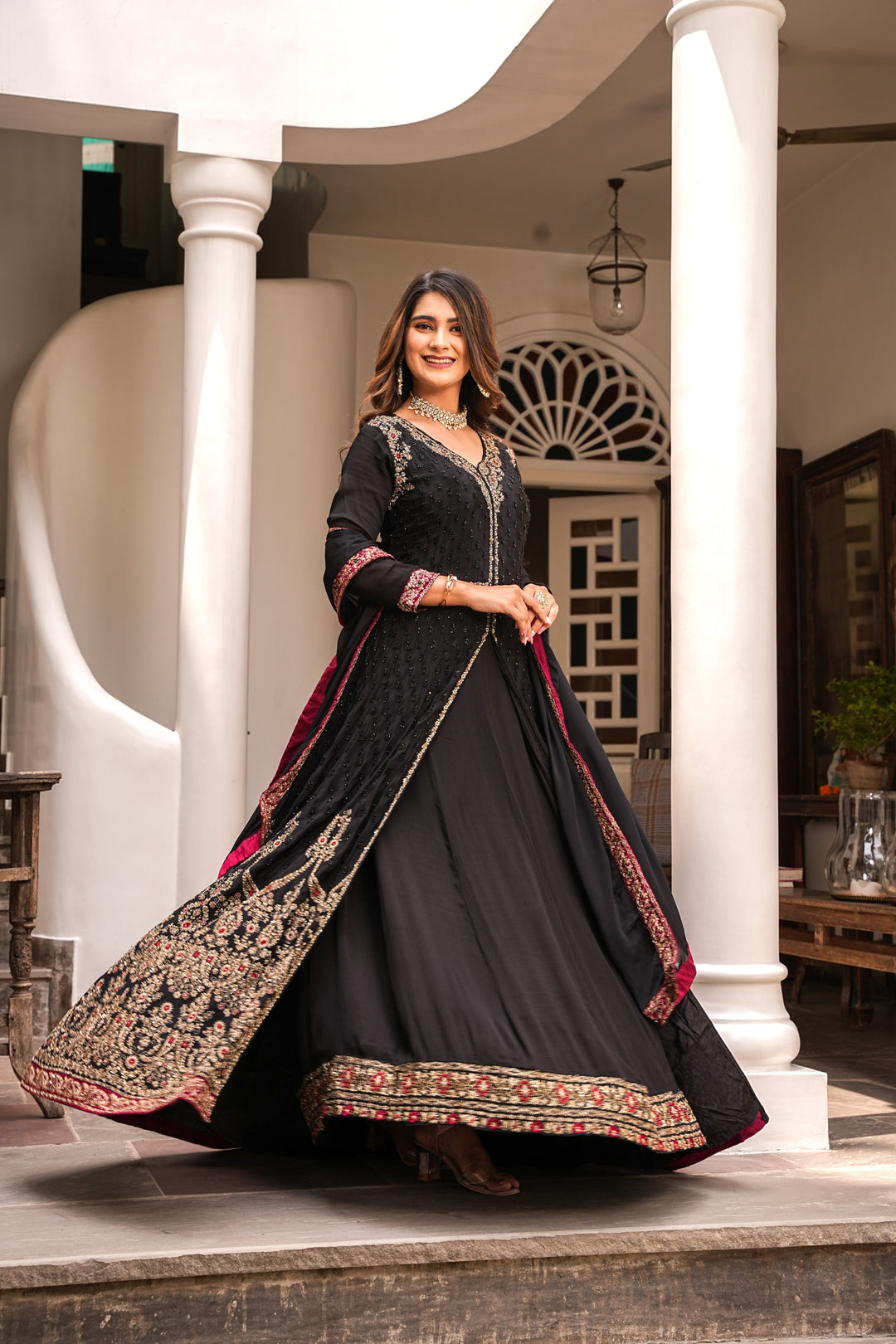 BLACK INDO-WESTERN FRONT SLIT GOWN FOR WOMEN- PAIRED WITH LEHENGA & DUPATTA - EMBROIDERED WITH RESHAM & HANDWORK - SET OF 3