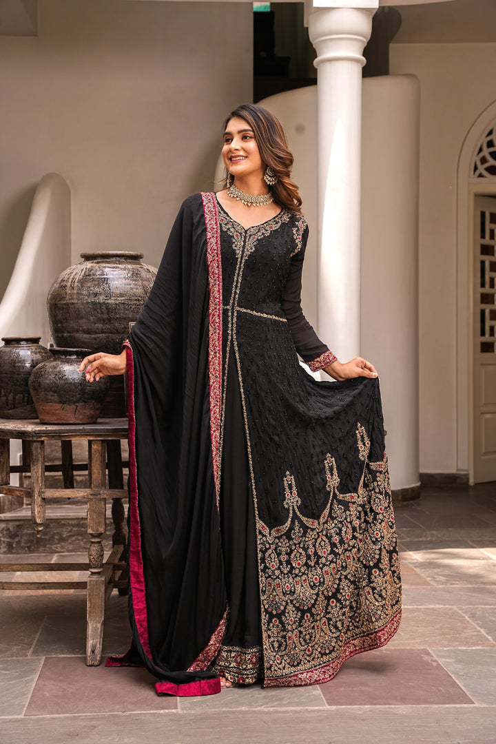 BLACK INDO-WESTERN FRONT SLIT GOWN FOR WOMEN- PAIRED WITH LEHENGA & DUPATTA - EMBROIDERED WITH RESHAM & HANDWORK - SET OF 3