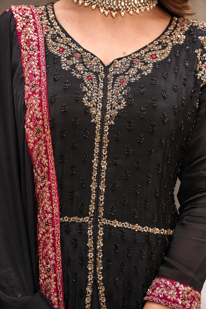 BLACK INDO-WESTERN FRONT SLIT GOWN FOR WOMEN- PAIRED WITH LEHENGA & DUPATTA - EMBROIDERED WITH RESHAM & HANDWORK - SET OF 3