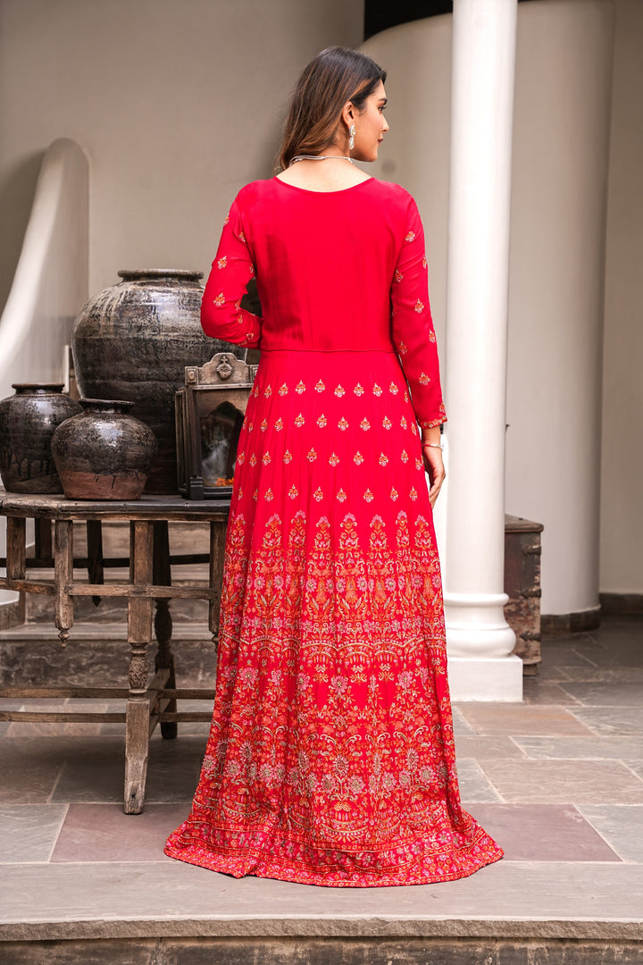 RED INDO-WESTERN FRONT SLIT GOWN FOR WOMEN- PAIRED WITH LEHENGA & DUPATTA - EMBROIDERED WITH RESHAM & HANDWORK - SET OF 3