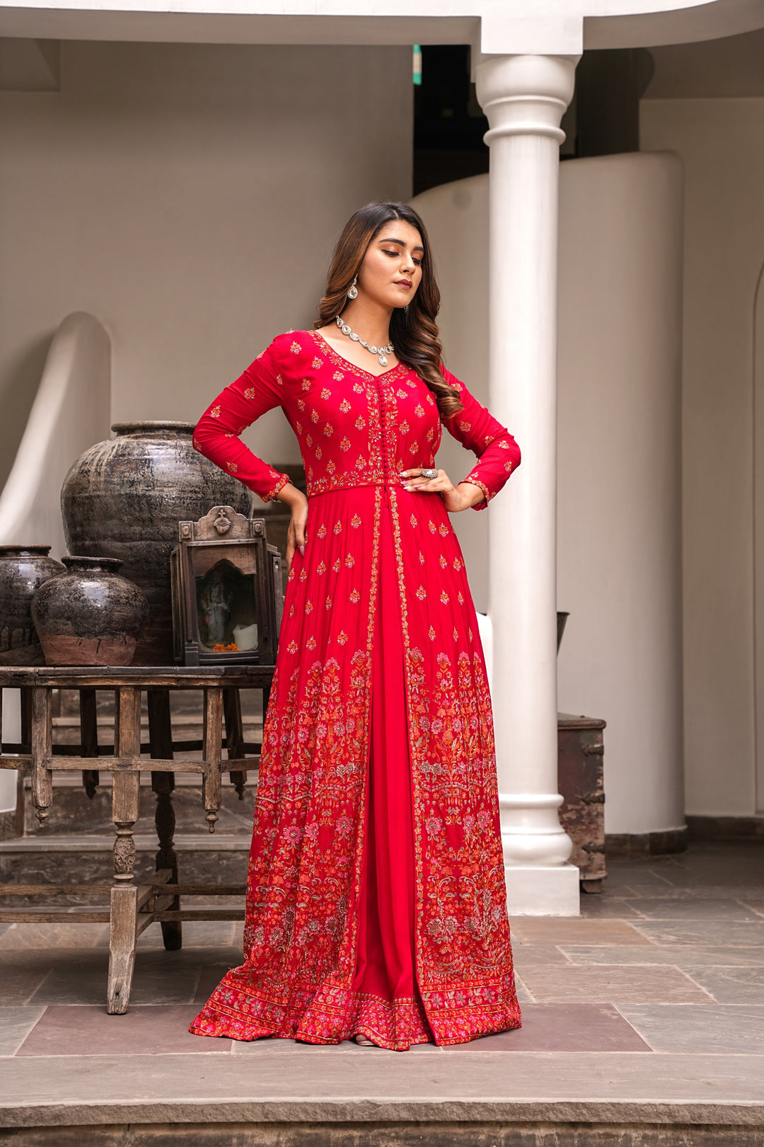 RED INDO-WESTERN FRONT SLIT GOWN FOR WOMEN- PAIRED WITH LEHENGA & DUPATTA - EMBROIDERED WITH RESHAM & HANDWORK - SET OF 3