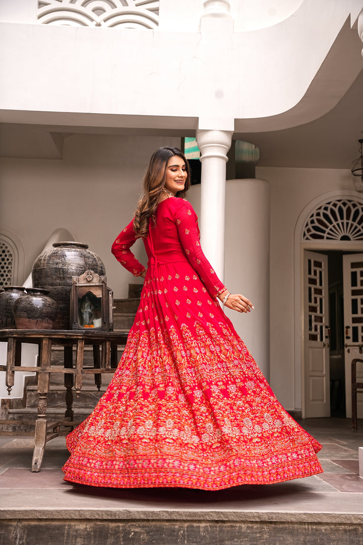 RED INDO-WESTERN FRONT SLIT GOWN FOR WOMEN- PAIRED WITH LEHENGA & DUPATTA - EMBROIDERED WITH RESHAM & HANDWORK - SET OF 3