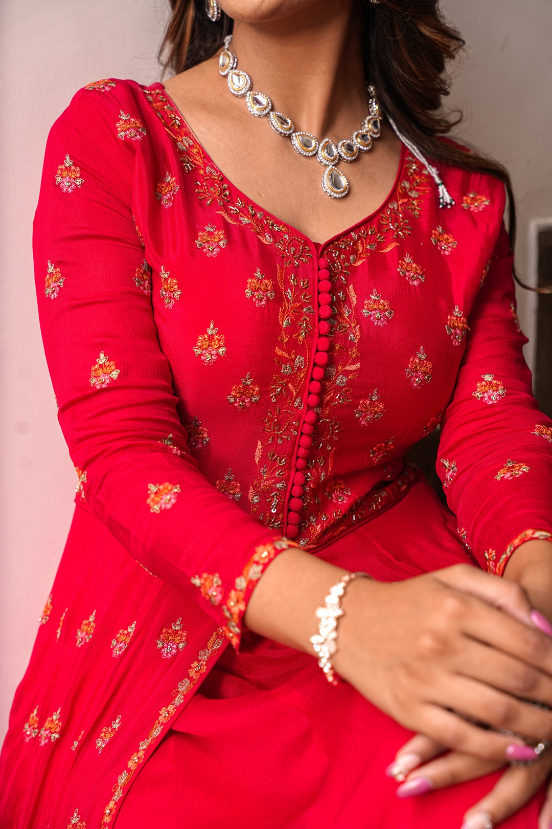 red indowestern dress indo western maxi dress Red Designer Indo-Western Set with Thread Embroidery