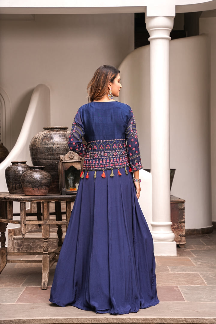 BLUE SLEEVELESS GOWN FOR WOMEN- PAIRED WITH JACKET - EMBROIDERED WITH RESHAM & HANDWORK - SET OF 2