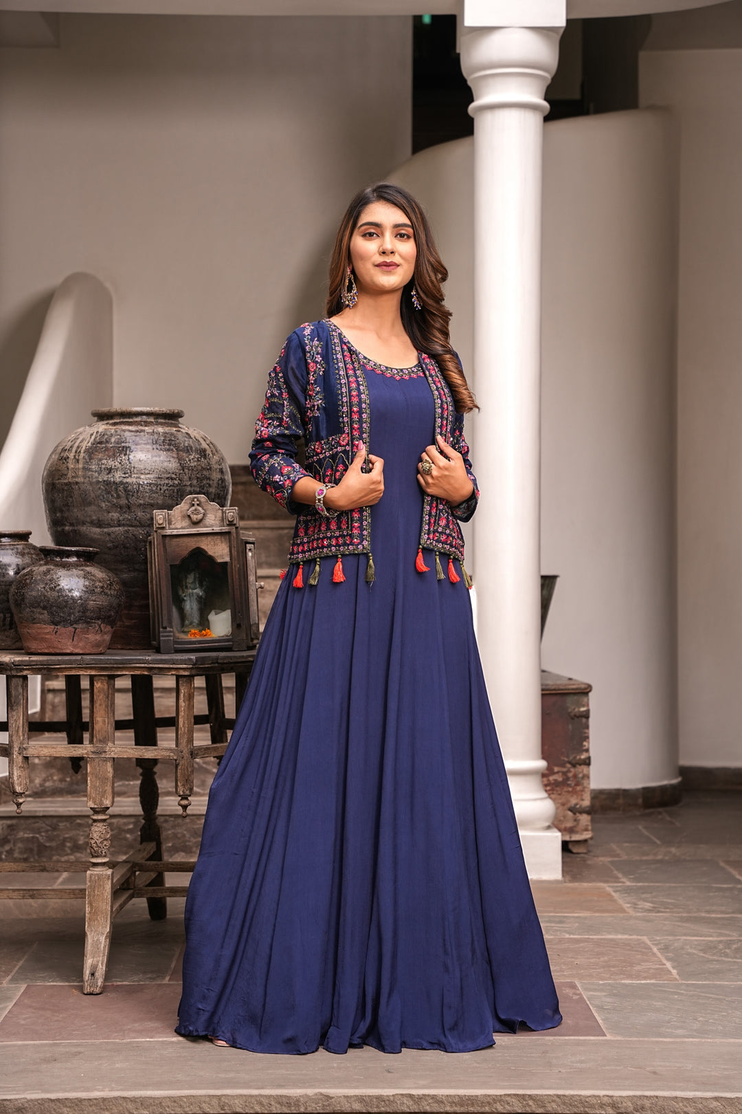 BLUE SLEEVELESS GOWN FOR WOMEN- PAIRED WITH JACKET - EMBROIDERED WITH RESHAM & HANDWORK - SET OF 2