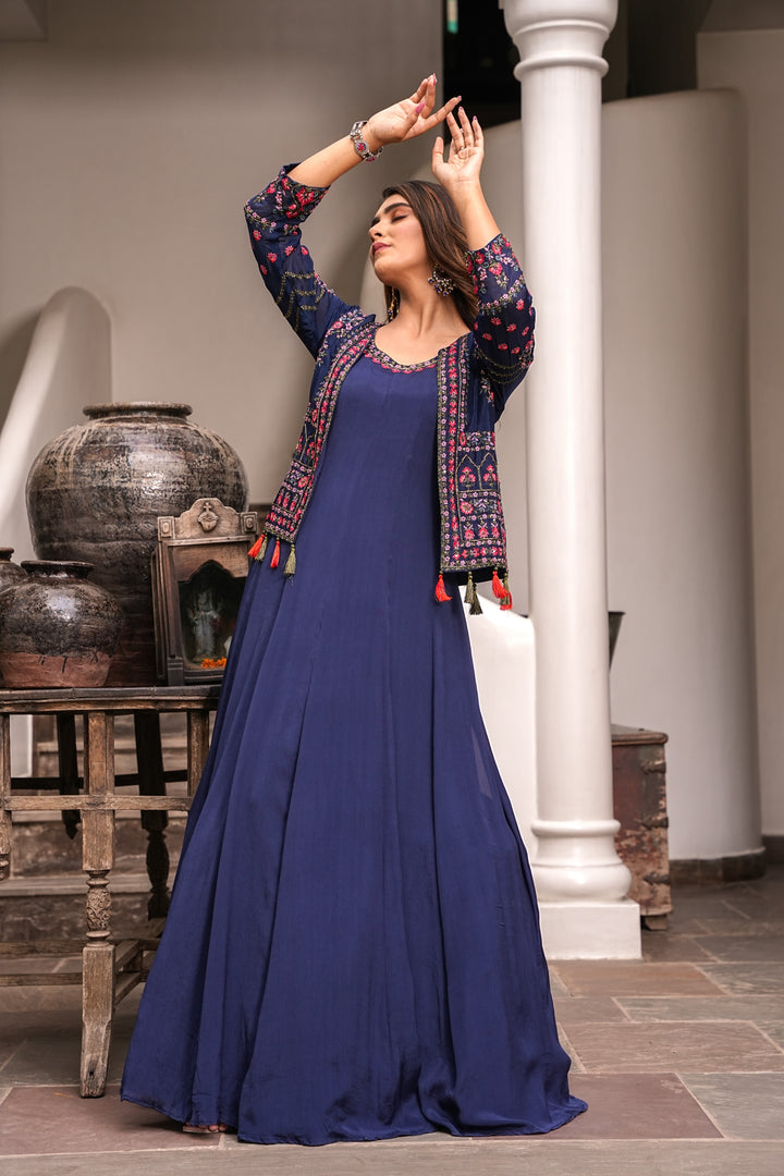 BLUE SLEEVELESS GOWN FOR WOMEN- PAIRED WITH JACKET - EMBROIDERED WITH RESHAM & HANDWORK - SET OF 2