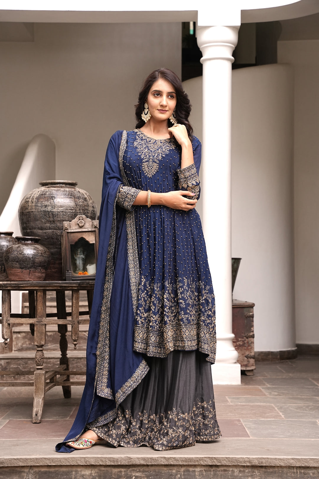 BLUE SHORT ANARKALI & LEHENGA FOR WOMEN- PAIRED WITH DUPATTA - EMBROIDERED WITH RESHAM & HANDWORK - SET OF 3