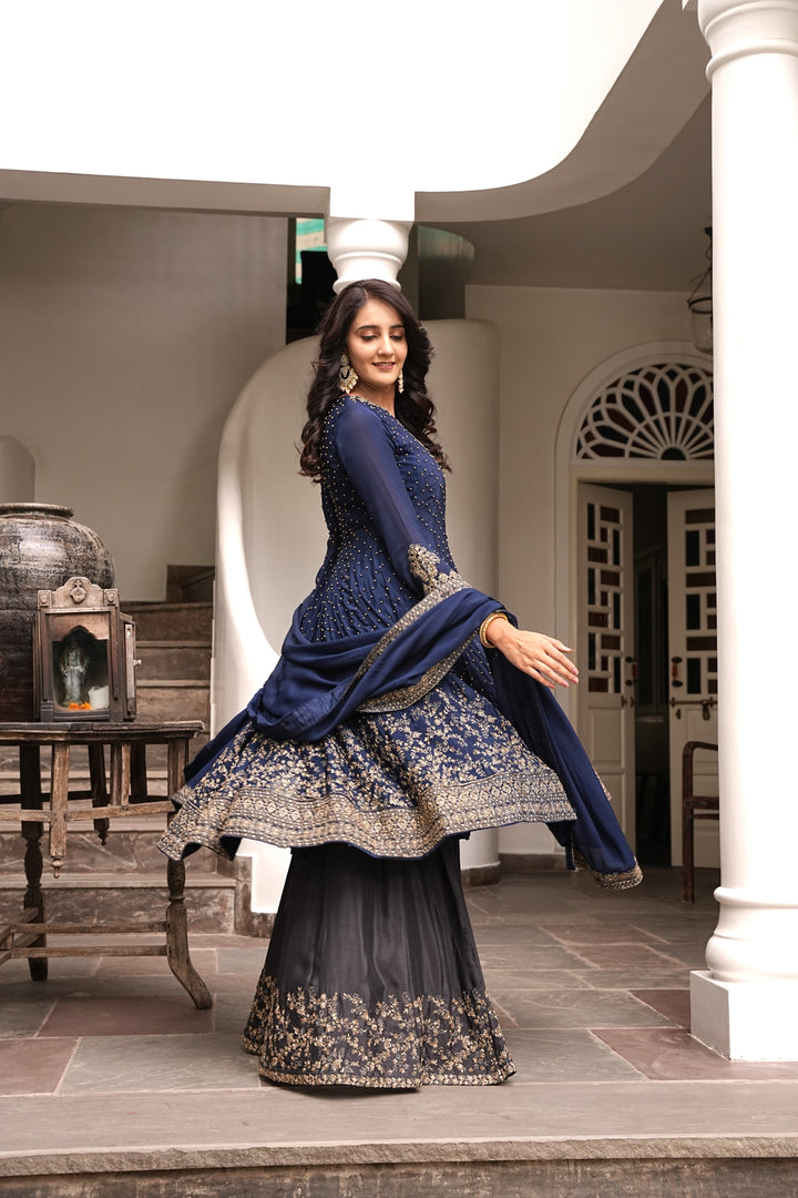 BLUE SHORT ANARKALI & LEHENGA FOR WOMEN- PAIRED WITH DUPATTA - EMBROIDERED WITH RESHAM & HANDWORK - SET OF 3