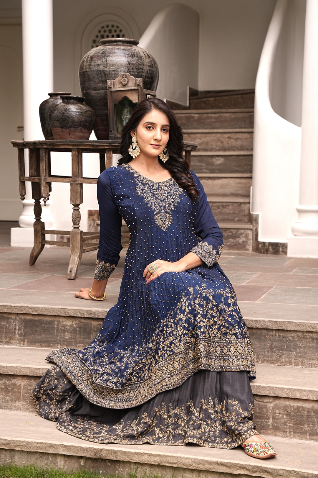 BLUE SHORT ANARKALI & LEHENGA FOR WOMEN- PAIRED WITH DUPATTA - EMBROIDERED WITH RESHAM & HANDWORK - SET OF 3