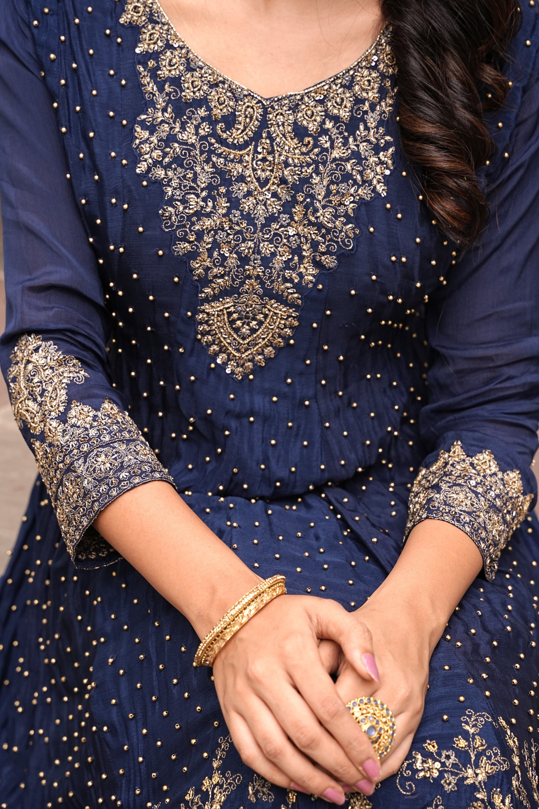 BLUE SHORT ANARKALI & LEHENGA FOR WOMEN- PAIRED WITH DUPATTA - EMBROIDERED WITH RESHAM & HANDWORK - SET OF 3