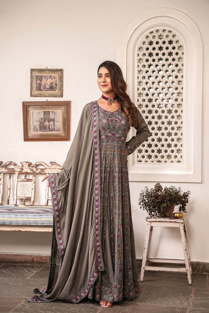 GREY INDO-WESTERN FRONT SLIT GOWN FOR WOMEN- PAIRED WITH LEHENGA & DUPATTA - EMBROIDERED WITH RESHAM & HANDWORK - SET OF 3