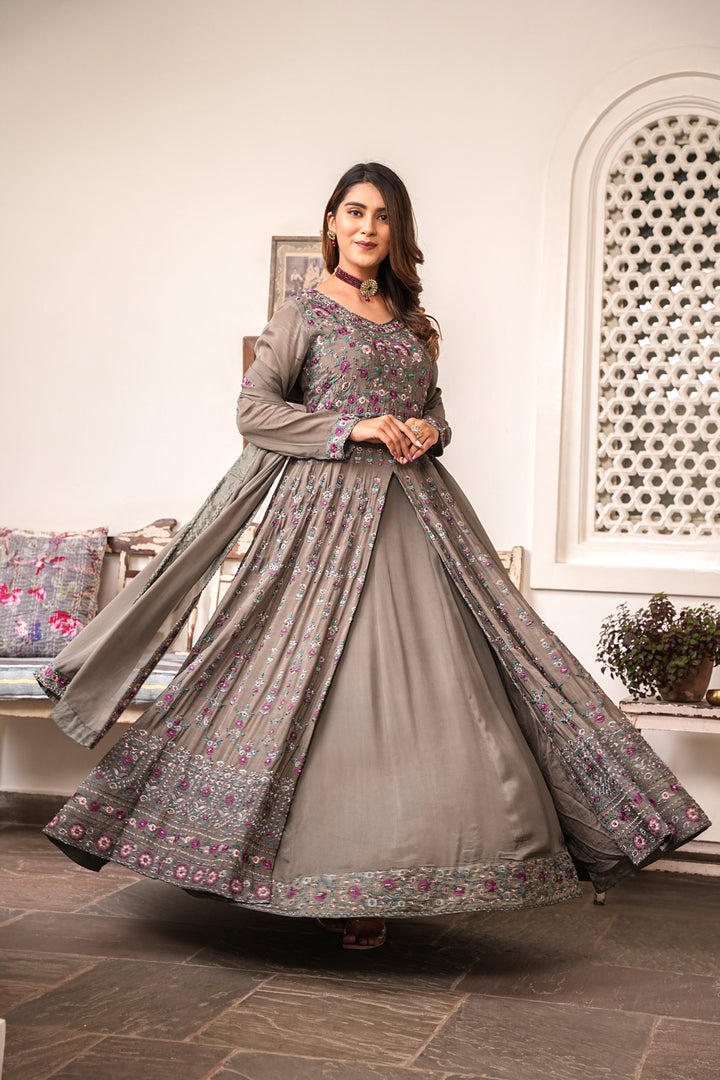 GREY INDO-WESTERN FRONT SLIT GOWN FOR WOMEN- PAIRED WITH LEHENGA & DUPATTA - EMBROIDERED WITH RESHAM & HANDWORK - SET OF 3