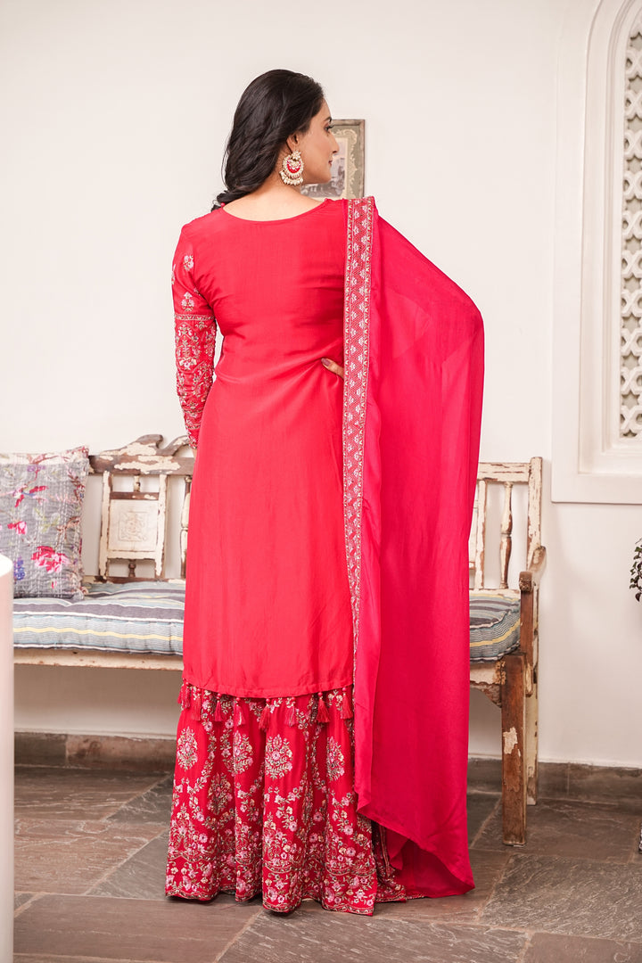 RED KURTA & LEHENGA SET FOR WOMEN - PAIRED WITH DUPATTA - EMBROIDERED WITH RESHAM & HANDWORK - SET OF 3