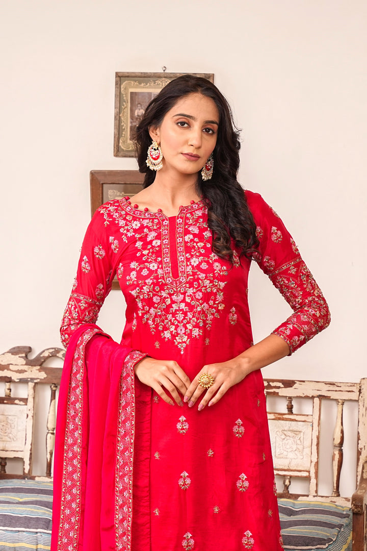 RED KURTA & LEHENGA SET FOR WOMEN - PAIRED WITH DUPATTA - EMBROIDERED WITH RESHAM & HANDWORK - SET OF 3