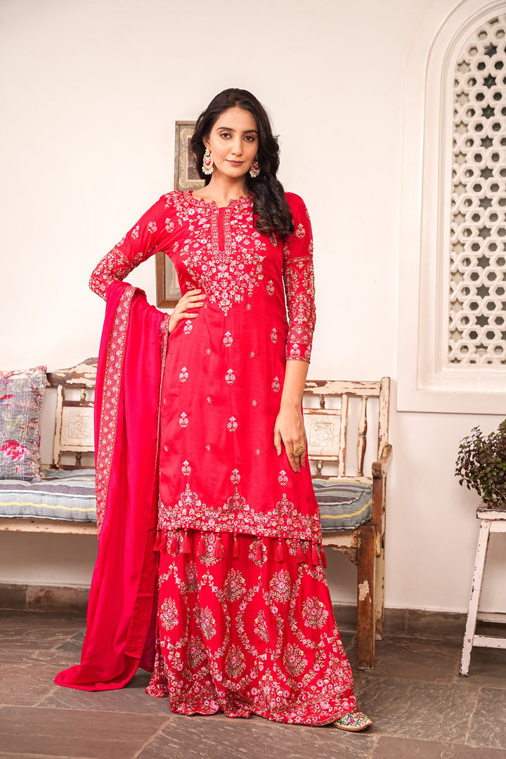 RED KURTA & LEHENGA SET FOR WOMEN - PAIRED WITH DUPATTA - EMBROIDERED WITH RESHAM & HANDWORK - SET OF 3