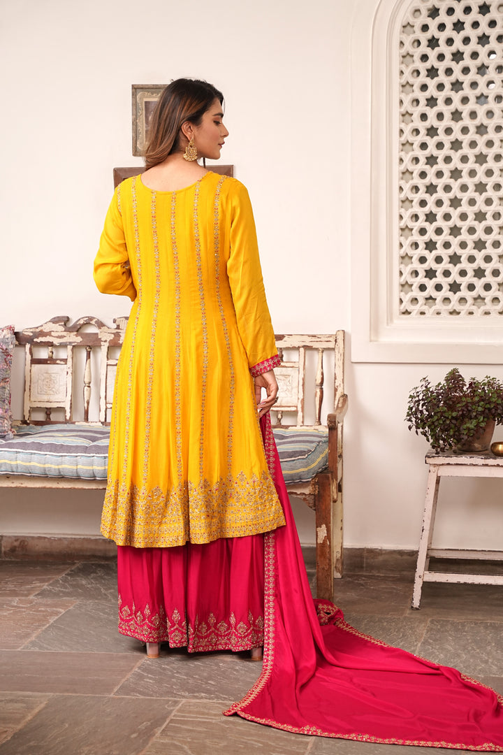 YELLOW & RED SHARARA SET FOR WOMEN- PAIRED WITH RED DUPATTA - EMBROIDERED WITH RESHAM & HANDWORK - SET OF 3