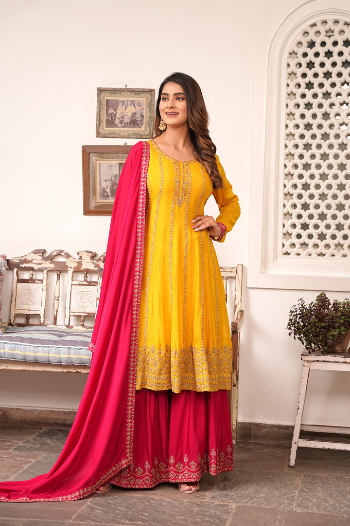 YELLOW & RED SHARARA SET FOR WOMEN- PAIRED WITH RED DUPATTA - EMBROIDERED WITH RESHAM & HANDWORK - SET OF 3