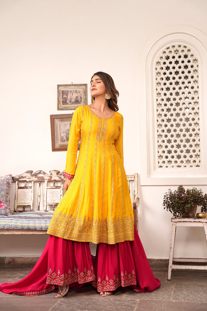 YELLOW & RED SHARARA SET FOR WOMEN- PAIRED WITH RED DUPATTA - EMBROIDERED WITH RESHAM & HANDWORK - SET OF 3