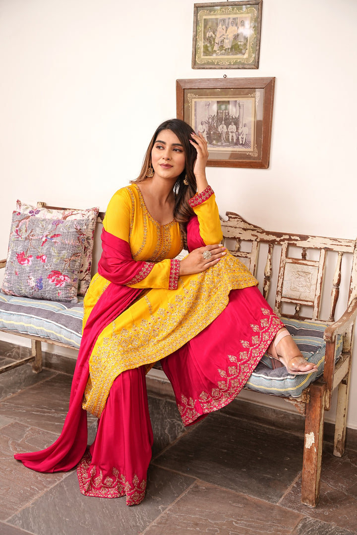 YELLOW & RED SHARARA SET FOR WOMEN- PAIRED WITH RED DUPATTA - EMBROIDERED WITH RESHAM & HANDWORK - SET OF 3