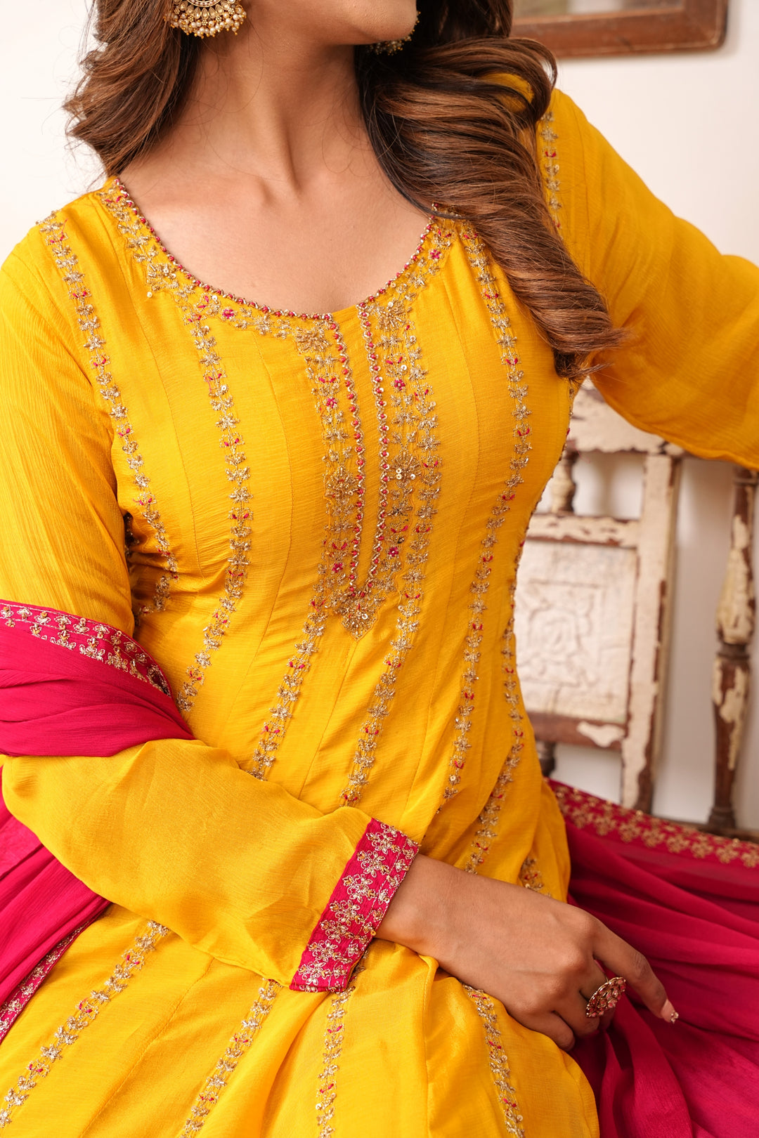 YELLOW & RED SHARARA SET FOR WOMEN- PAIRED WITH RED DUPATTA - EMBROIDERED WITH RESHAM & HANDWORK - SET OF 3