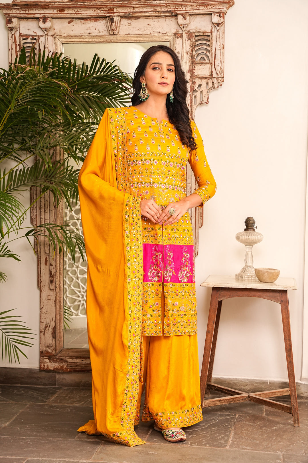 YELLOW KURTA SET FOR WOMEN- PAIRED WITH DUPATTA - EMBROIDERED WITH RESHAM & HANDWORK - SET OF 3